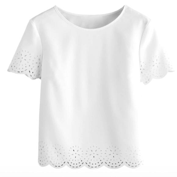 White Short Sleeve Top with Scalloped Laser Cut Edges - Picture 8 of 8